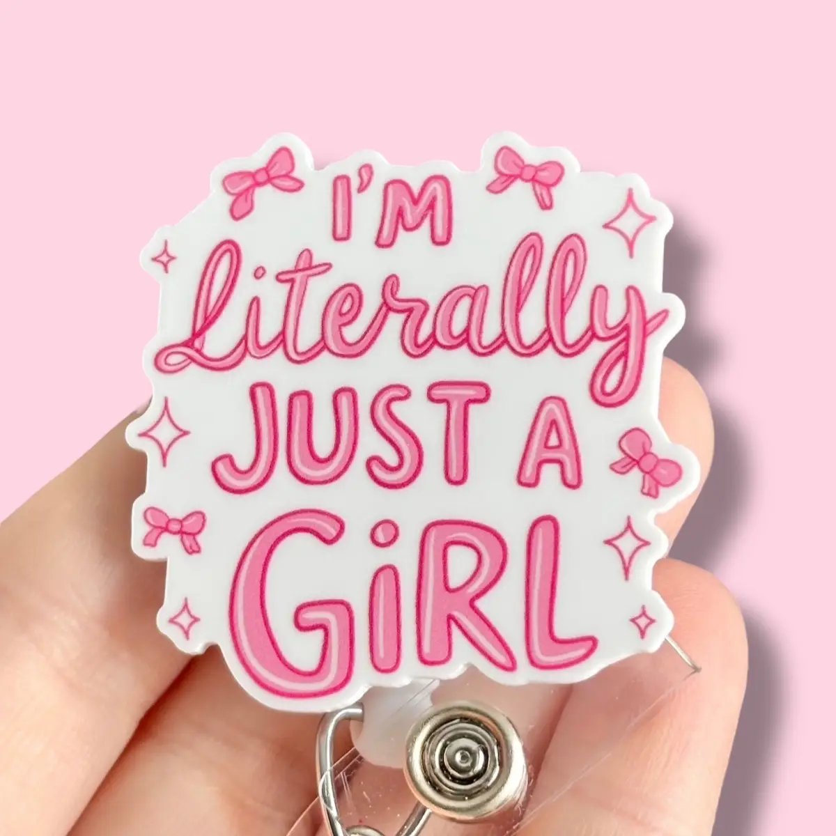 Glitter My Badge Pink bow I’m literally just a girl badge reel for nurse and hospital workers. Badge clip Badge pull - Retractable swivel clip with a