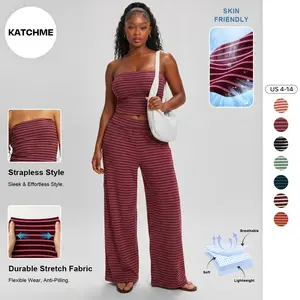 KatchMe Women's Casual Color Matching Stripe Slim Tube Top & Low-Rise Wide Leg Trousers Co-ord, Lightweight Wrinkle-Resistant Spring & Summer Outfits, Skin-Friendly Two Piece Sets #TikTokMadeMeBuyIt #TwoPieceSet #SummerEssentials