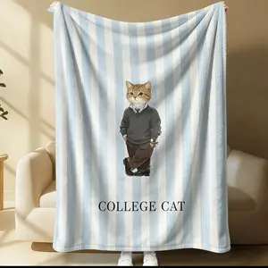 Preppy Style College Cat Throw Blanket, Soft Cozy Striped Blanket for Couch, Bed, Travel & Office, Trendy Decor for Teens & Adults