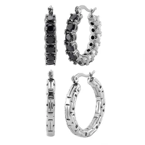 Set of 2  Black Cubic Zirconia and Byzantine Hoop Earrings in Stainless Steel