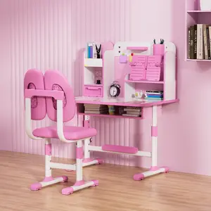 Student Learning Desk and Chair Set Pink/Blue Desk Set Height Adjustable with Drawers and Storage Compartments Desktop Cartoon Learning Desks Set
