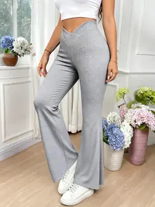 Fashion High-Waisted Flared Leg Pants, Curve Plus Size Slim-Fit Casual Trousers Y2K Clothes Street Style Daily Office Wear Trendy Date Outfits Cozy Coffee Shop Wear