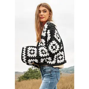 Two-Tone Floral Square Crochet Open Knit Cardigan