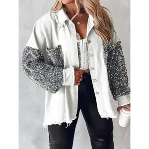 Plus Size Color-Block Sequin Frayed Button Front Shirt Jacket, Casual Long Sleeve Turn-Down Collar Pocket Jacket, Autumn Winter Women's Daily Wear
