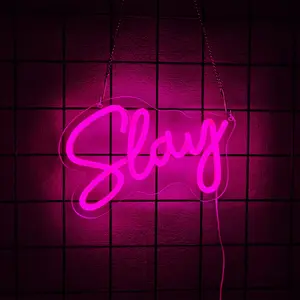 Slay Neon Sign Pink White LED Light up Neon Signs Cute LED Light Preppy Aesthetic Cowboy Room Decor for Women Bedroom Dorm Art Wall Decor Gifts(Slay) Decorative Neon Light