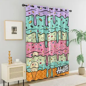 Cute Ice Cream Drizzle 2 Panels Curtains, Colorful Cartoon Ice Cream Darkening Curtains, 80%-90% Light Blocking Decoration Curtains for Kids Teens Bedroom Living Room