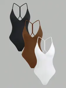 Women's Minimalist V-Neck Backless Jumpsuit Set, Bodysuit, Classic Colors, Sexy Crossback Design, Stretchy Skin-Friendly Fabric, Inner & Outer Wear