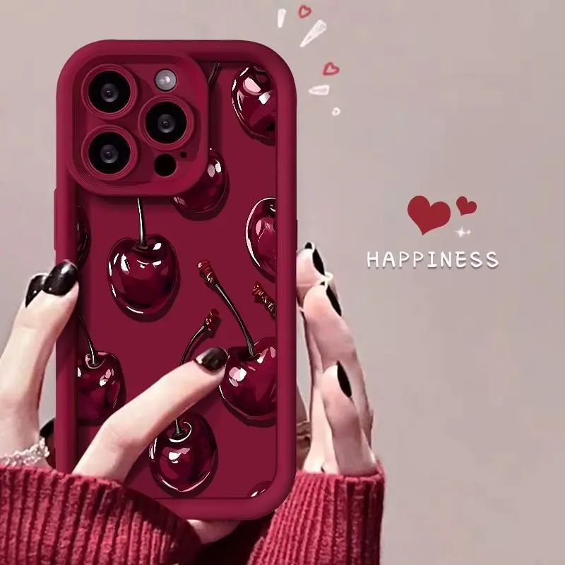 Sexy Wine Cherry Pattern Soft Silicone TPU Protective Phone Case - Smartphone Cellphone Handheld Devices Accessory with Camera Protection, Shockproof for iPhone 17,16,16 Pro,15 Pro Max,14,13,12,11,X,Plus,Air,Mini for Girls, Casing