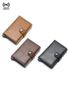 RFID Blocking Smart Pop Up Credit Card Holder for Men Women PU Leather Metal Business Mini Cardholder Case Minimalist Wallet, Gift For Men Graduation