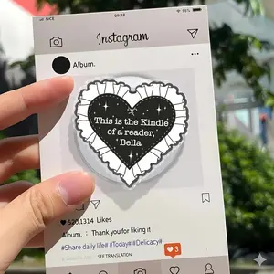 This is the Kindle of a Reader Bella Phone Holder, Aesthetic Black Heart Grip, Gothic Coquette Bookish Gift, Cute Ruffle Heart Stand, Kindle