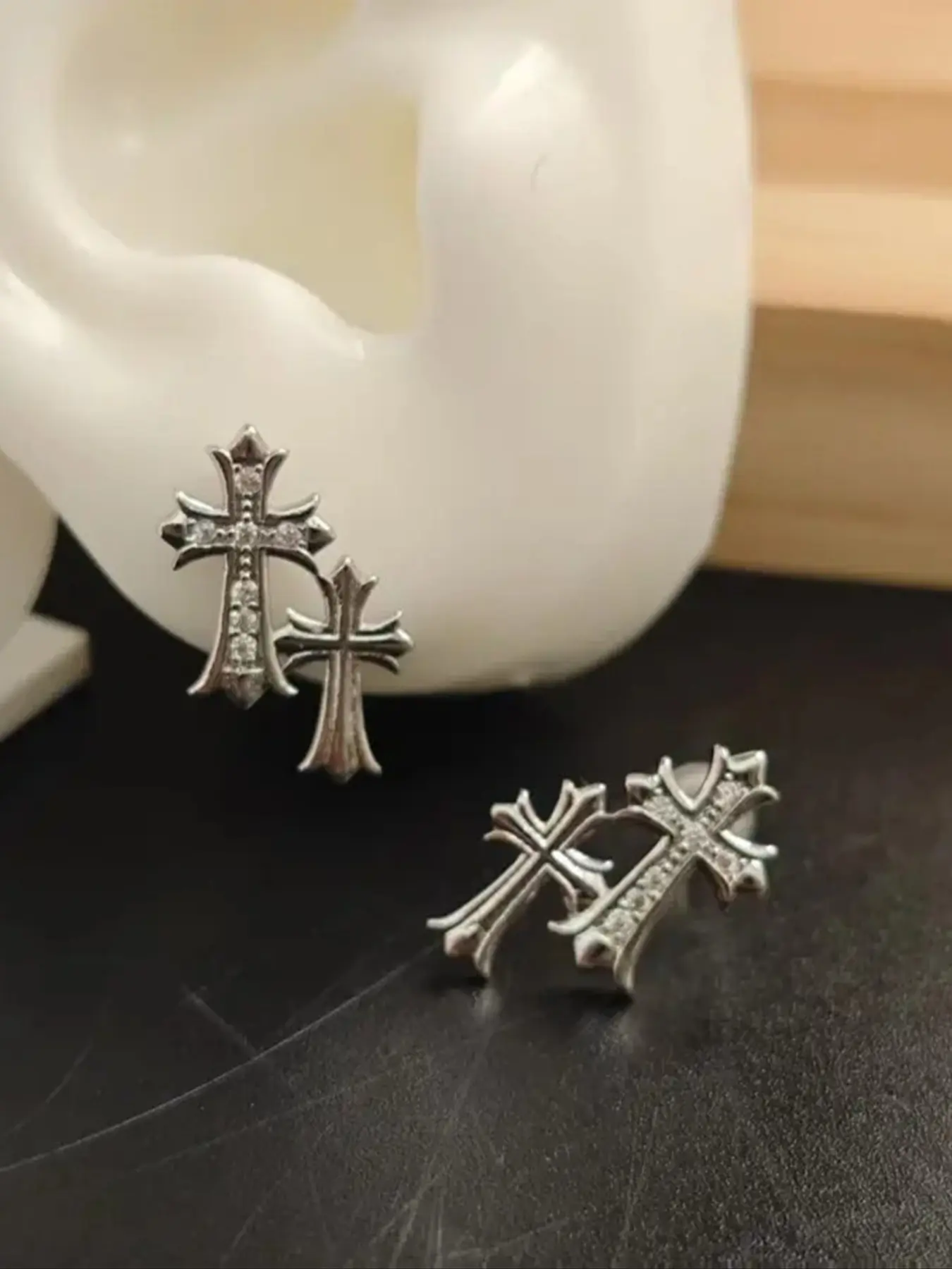 Unisex Double Cross Stud Earrings, Elegant Small Rhinestone Pendant, Versatile Jewelry for All Occasions, Copper Chain, Casual Style, Studded Cross Earrings, Earrings Studs