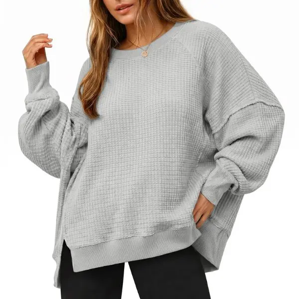 FISOEW Women's Oversized Crewneck Sweatshirt Casual Waffle Knit Pullover Tunic - Breathable Soft Long Sleeve Drop Shoulder with Side Slits, Spring & Fall Casual Everyday, Plus Size Friendly, Cute Tops,sohochic