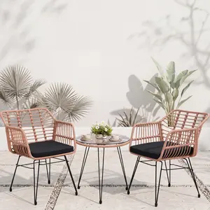 3 Piece Wicker Patio Bistro Furniture Set Includes 2 Rattan Arm Chairs & Glass Top Table with Modern Hair Pin Legs, Ideal for Porch, Patio, Balcony, Quality Materials, Fast Assembly