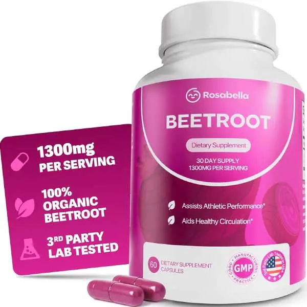 [Hot 2026!!!] Rosabella Organic Beet Root Capsules - 1300mg Beet Root Powder Aids Healthy Circulation & Vitality, Non-GMO, Beet Root Supplement - 60 Capsules, 30-Day Supply