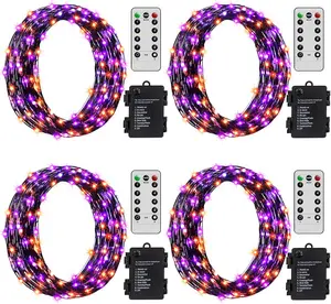 Halloween Fairy Lights , 4 Pack 16.5Ft 50 LED Fairy Lights with Remote Control Timer 8 Modes, Black Copper Wire Twinkle Lights for Indoor Outdoor Halloween Decor (Purple Orange)
