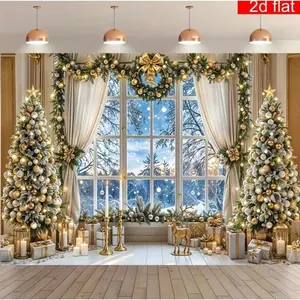 Luxury Gold - Themed Christmas Backdrop Banner with Trees, Gifts and Festive Decor for Elegant Holiday Ambiance - Suitable for Gifts, Party Background, Holiday Birthday Studio Props, Ideal Room Decorations