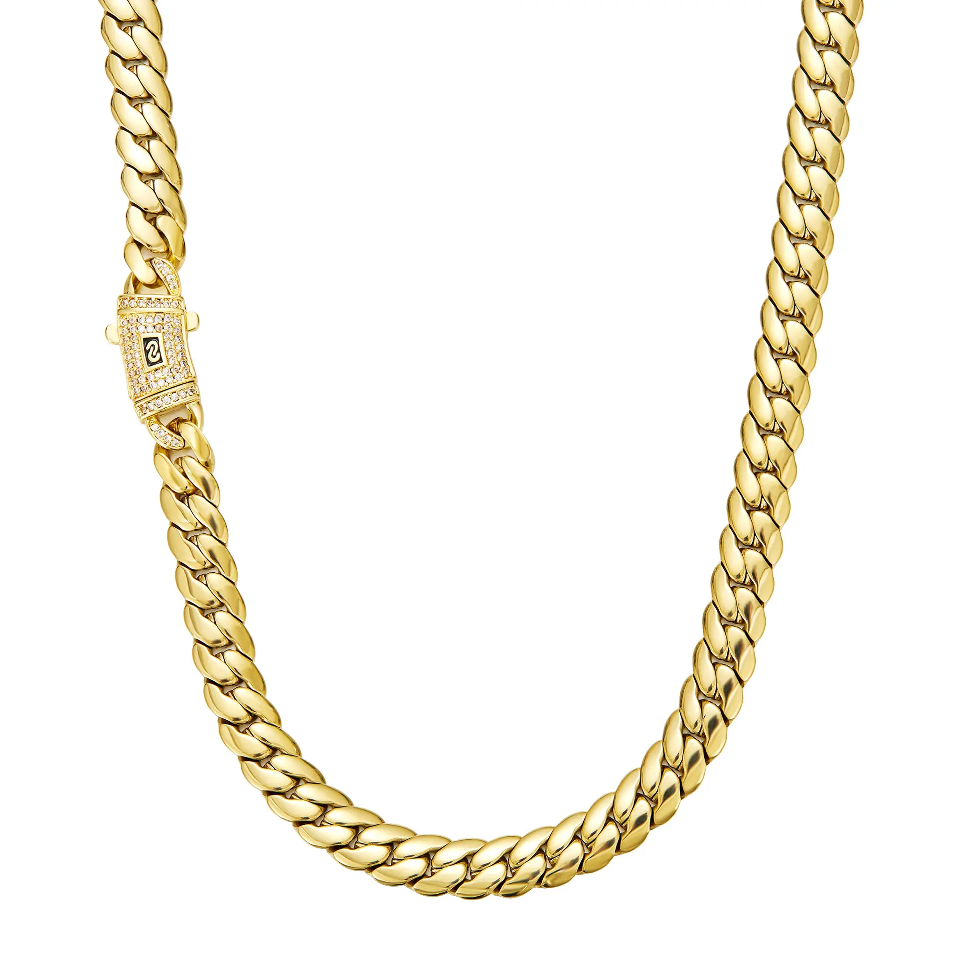 8mm Blade Cuban Chain with Iced Out Curved Clasp 14K Gold Plated Lightweight Comfort Necklace Bracelet for Men Hip Hop Street Jewelry 7.5 to 30“ Anklet