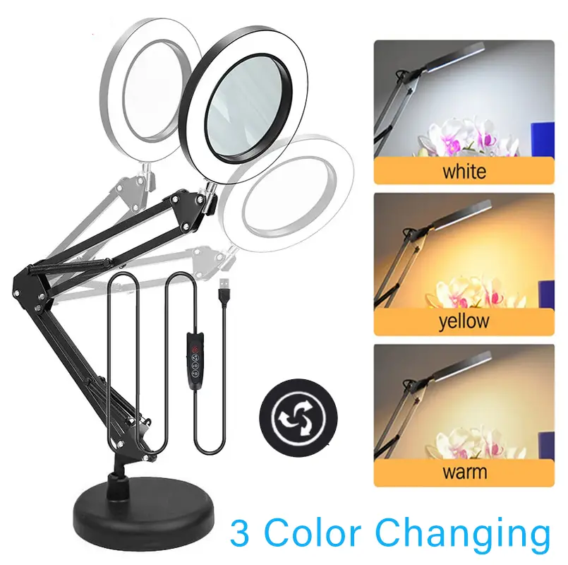 10X Magnifying Glass Desk Lamp with LED Illumination & Stand, 2-in-1 Adjustable Swing Arm Clamp-On Table Lamp, Hands-Free for Precision Viewing, Hobby Sewing, Indoor Use with 3 Color Modes (Home Improvement Lighting)