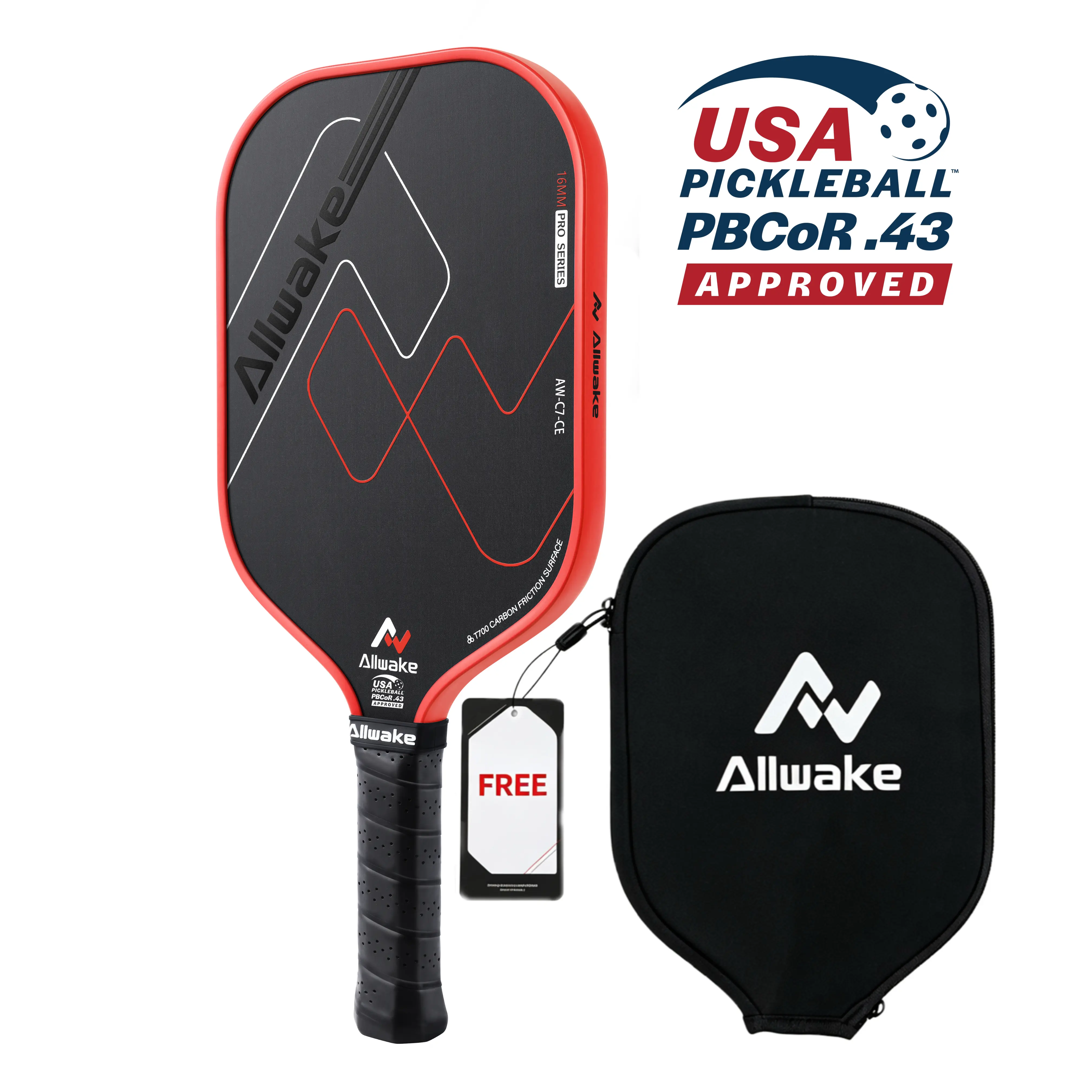 Allwake Pickleball Paddle, T700 Raw Carbon Fiber Surface (CFS) High Grit & Spin, with 16MM Polypropylene Honeycomb Core,  USAPA Polypropylene Honeycomb Paddle with Cushion Comfort Grip, Ideal for Novice and Professional Player