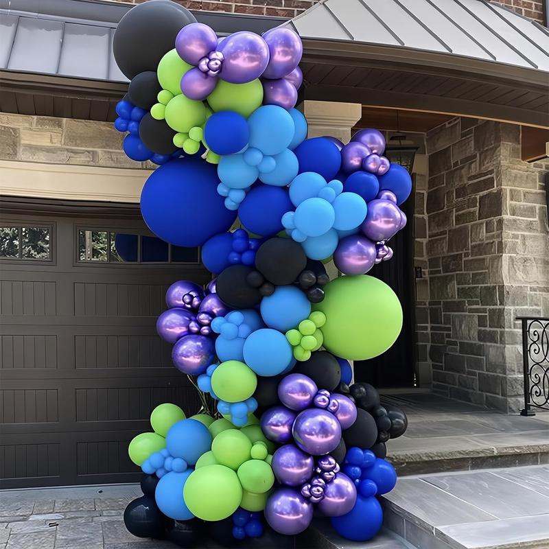 106 game themed balloon decoration set with sci-fi elements, blue, black, purple latex balloons, and black explosive star game controller are perfect for boys' game themed birthday parties, sci-fi themed parties, bachelor parties, baby showers