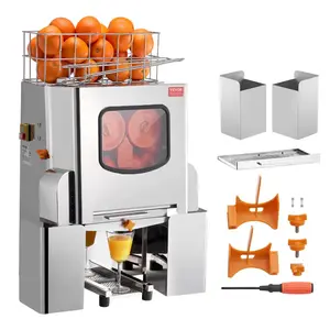 Commercial Stainless Steel Fruit Squeezer Juicer Machine - 120W Automatic Feed Juice Extractor, 20 Oranges/Minute Capacity, Pull-Out Filter Box, Stainless Steel Cover, 2 Peel Collecting Buckets