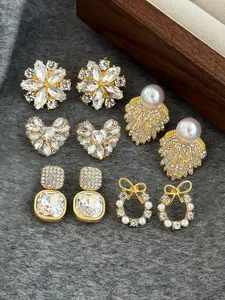 Elegant Rhinestone Glass Flower Heart Geometric Earrings Set, Faux Pearl Fashion Jewelry for Vacation Banquet Daily Wear