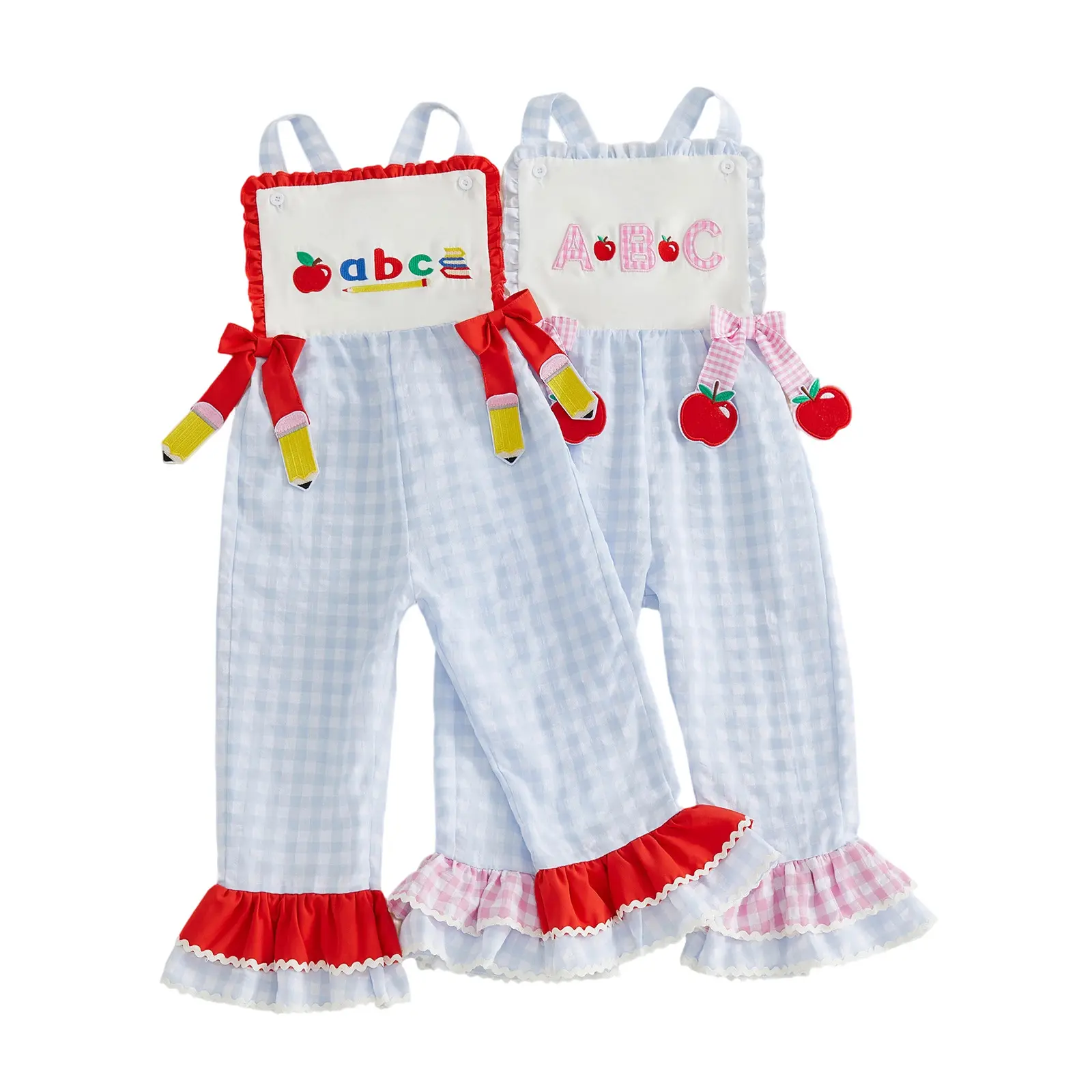 Toddler Baby Little Girl Back To School Jumpsuit with Bows Letter Embroidered Plaid Sleeveless Bell Bottoms Romper Overalls 2-7 Years