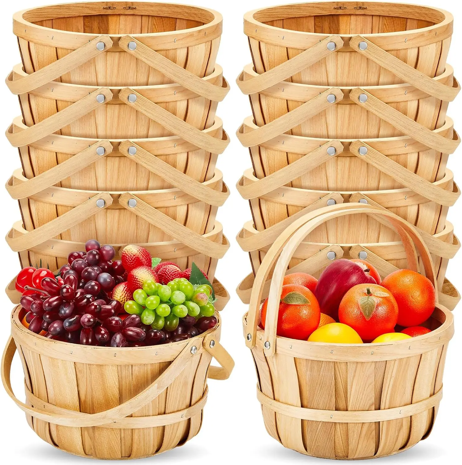 Marsui 10 Pcs Large Wooden Apple Basket 11 x 6.5'' Round Wicker Bushel Baskets with Handle, Farmers Market Basket for Produce, Harvest, Garden Storage, Farmers, Commercial Use, Picnic, Gifting