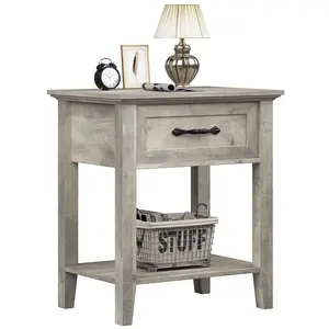 Garvee Industrial Grey Coffee Table - 2-Tier Modern Wood with Storage Drawer & Open Shelf - Bedside Table for Bedroom, Living Room, Dorm, Easy Assembly, Color: Grey