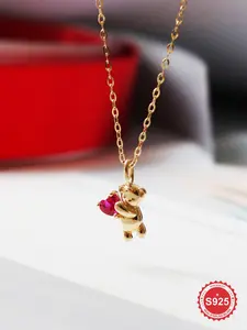 S925 Sterling Silver Bear Artificial Zircon Pendant Necklace with Box, Artificial Zircon Decor Necklace for Women for Gift, Elegant All-match Fashion Accessories for Daily Wear, Exquisite Trendy Pendant