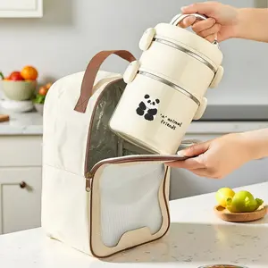 A 2-tier cute panda-patterned insulated lunch box with 304 stainless steel, leak-proof silicone latches, an insulated bag, 2 compartments for soup, dishes and staples, plus a portable handle—ideal for work, school and travel