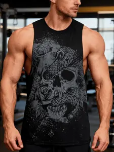 Men's Skull Rose Print Vest, Sleeveless Round Neck Street Style T-Shirt, Casual Breathable Muscle Top, Athletic Tank Top for Fitness Training & Urban Fashion