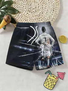 Boys Madrid Cr7 7 Number Legend Beach Shorts, Summer Fashion Outdoor Sports Casual Pants, Kids Quick Dry Breathable Drawstring Shorts, Sports Apparel, Youth Short