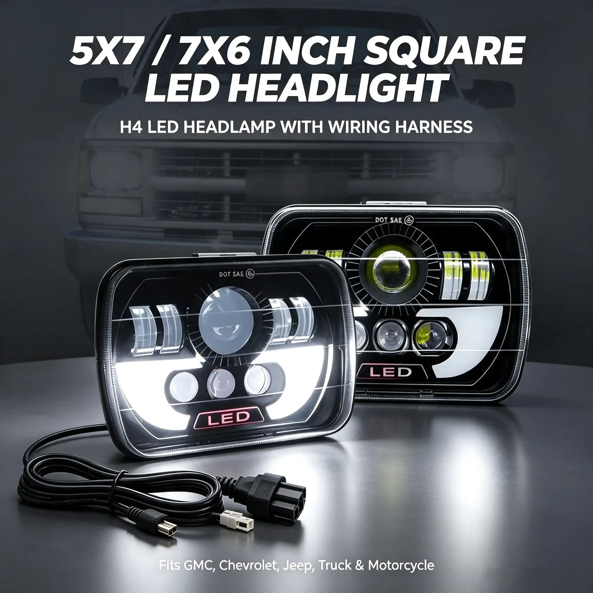 (With wiring) 5x7 inch, 7x6 inch LED Headlight H4 LED Work Light Square Light Replacement for GMC Chevrolet Car Jeep Motorcycle Truck Front Light