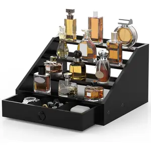 Wooden Cologne Organizer for Men, 4 Tier Cologne Display Shelf, Perfume Display Holder with Linen Drawer,Large Capacity Perfume Organizer Stand for Dresser (Classy Black)