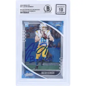 Justin Herbert Los Angeles Chargers Autographed 2020 Panini Absolute #157 Beckett Fanatics Witnessed Authenticated 10 Rookie Card with "Bolt Up" Inscription - Fanatics Authentic Certified