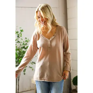 Casual Living Brown Henley Cuff Sleeve Side Slit Pullover