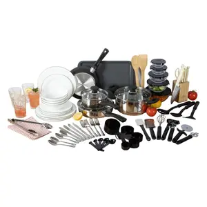 Gibson Home 74 Piece Kitchen in a Box Pots and Pans Cookware, Plates and Bowls Dinnerware, Cutlery Knife Block, Flatware Utensils, Tools & Gadgets, Storage, Glasses Set