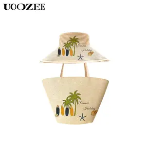 UOOZEE New 2026 Summer Vacation Straw Large-Capacity Tote Bag & Sun Hat Set (2 Pieces), Versatile and Stylish Coconut Tree Print Beach Bag with Wide Brim Hat, Boho Outfits, Casual Wear, Large Tote Bags