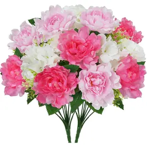 2 Pack Cemetery Flowers for Grave Artificial Memorial Flowers for Gravesite 16" Pink Silk Peonies Fake Hydrangea Flowers Bouquet Faux Floral Arrangements for Outdoor Decor Kitchen Table Wedding
