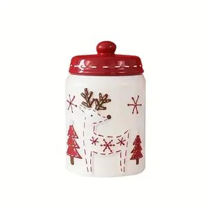 Luxurious Large Round Nordic Christmas Santa and Reindeer Ceramic Cookie Jars XG211314 - Unique Holiday Set with Flip Lid Reusable Snack Storage Hand Wash Only Perfect for Creative Holiday Entertaining and Giving Container Kitchen Utensils Canister Tin