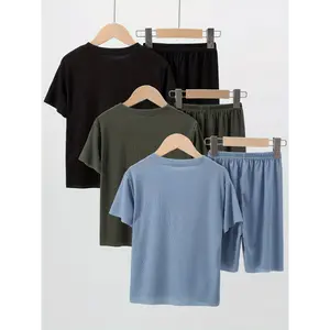 Boy's 3-piece Casual Tracksuit Set, Loose Fit, Smile Face Pattern Short Sleeve Tee And Shorts, Comfy Summer Clothes For Daily & Outdoor Wear