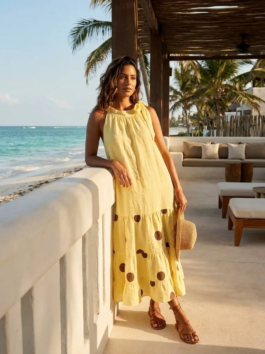 ESYAZO Italian Linen Polka Dot Halter Dress – Premium Tiered One-Size Resort Midi