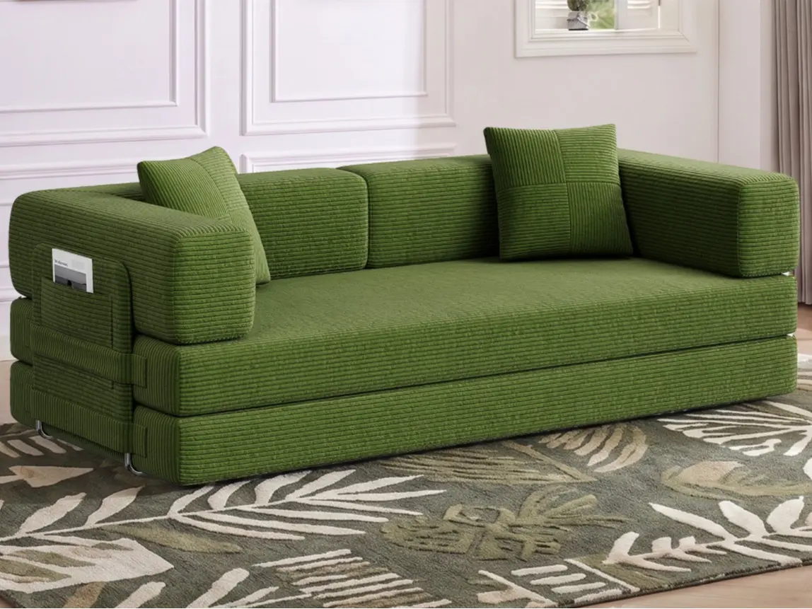 Vacuum Compressed Boneless Corduroy Modular Sofa Bed, Convertible Extendable 3-Seater Tofu Block Sectional Couch with Side Storage Pocket, Avocado Green Reconfigurable Floor Sofa for Small Apartment Living Room