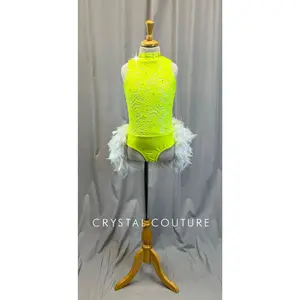 Yellow Leotard with White Feather Bustle - Rhinestones