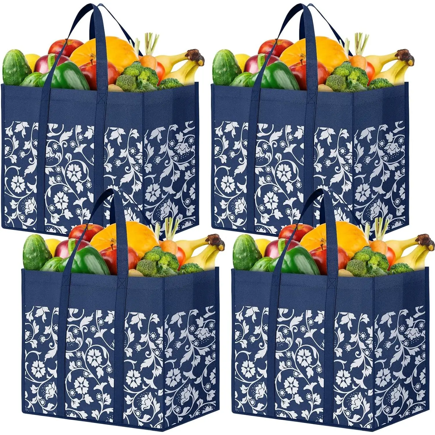 Reusable Grocery Bags Foldable Tote Bags Bulk with Reinforced Handles Shopping Bags for Groceries Heavy Duty Reusable Grocery Bags with Waterproof Coating 4-Pack, Blue Folding Canvas(No Hard Bottom)