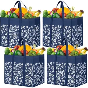 Reusable Grocery Bags Foldable Tote Bags Bulk with Reinforced Handles Shopping Bags for Groceries Heavy Duty Kitchen Reusable Grocery Bags with Waterproof Coating 4-Pack, Blue Folding Canvas(No Hard Bottom)