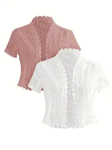 2-Piece Summer Solid Color Lace Patchwork Casual Front Open Jacket, Perfect for Festival Party, Stylish and Comfortable, Womenswear