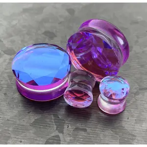 PAIR of Stunning Faceted Mermaid Iridescent Glass Double Flare Plugs - Gauges 2g (6.5mm) thru 1" (25mm)