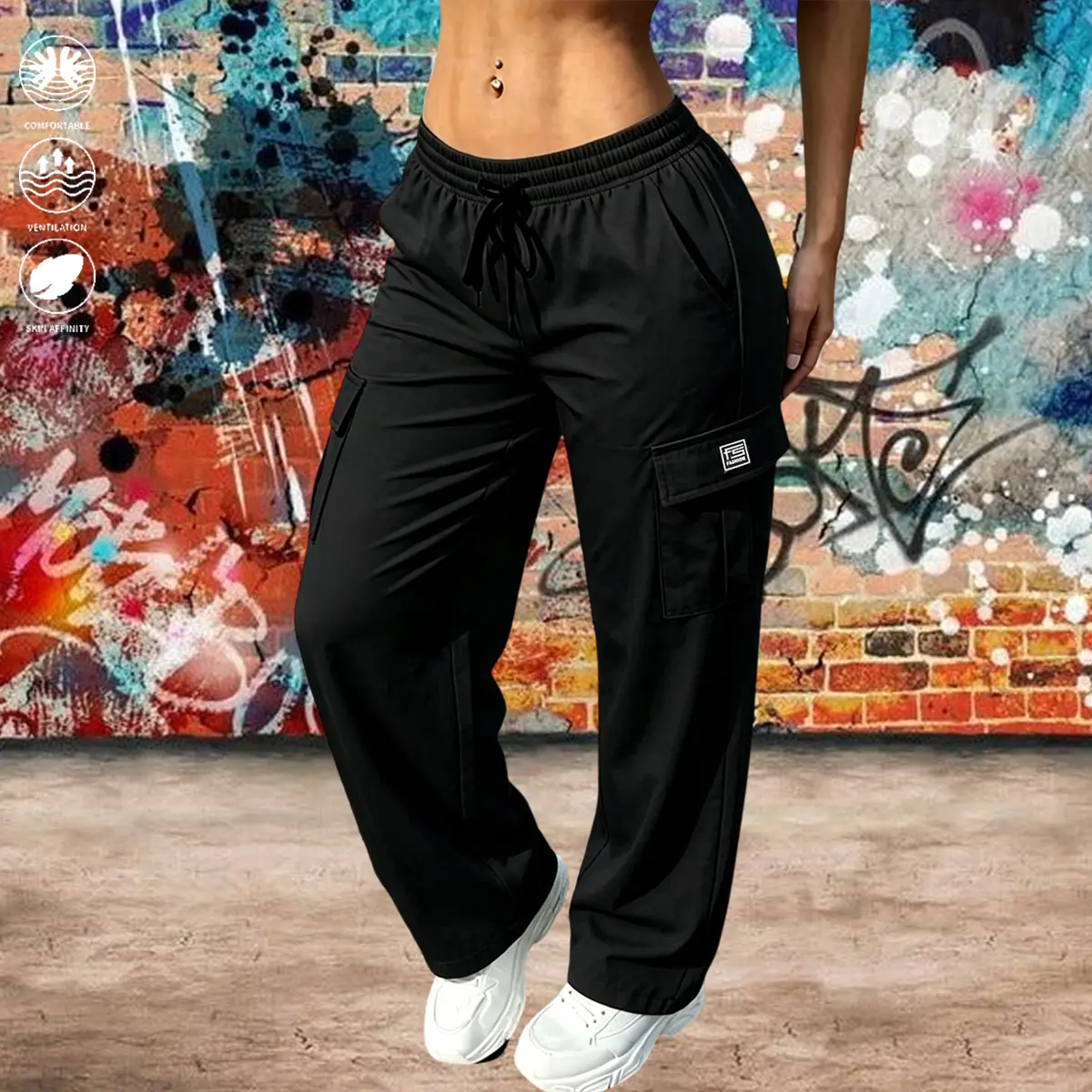 Women’s solid-color cargo pants featuring an elastic waistband with stretch and practical pockets with large capacity for convenient storage.Versatile women’s wear suitable for all seasons—ideal for everyday casual wear, outdoor outings, and workwear/unif